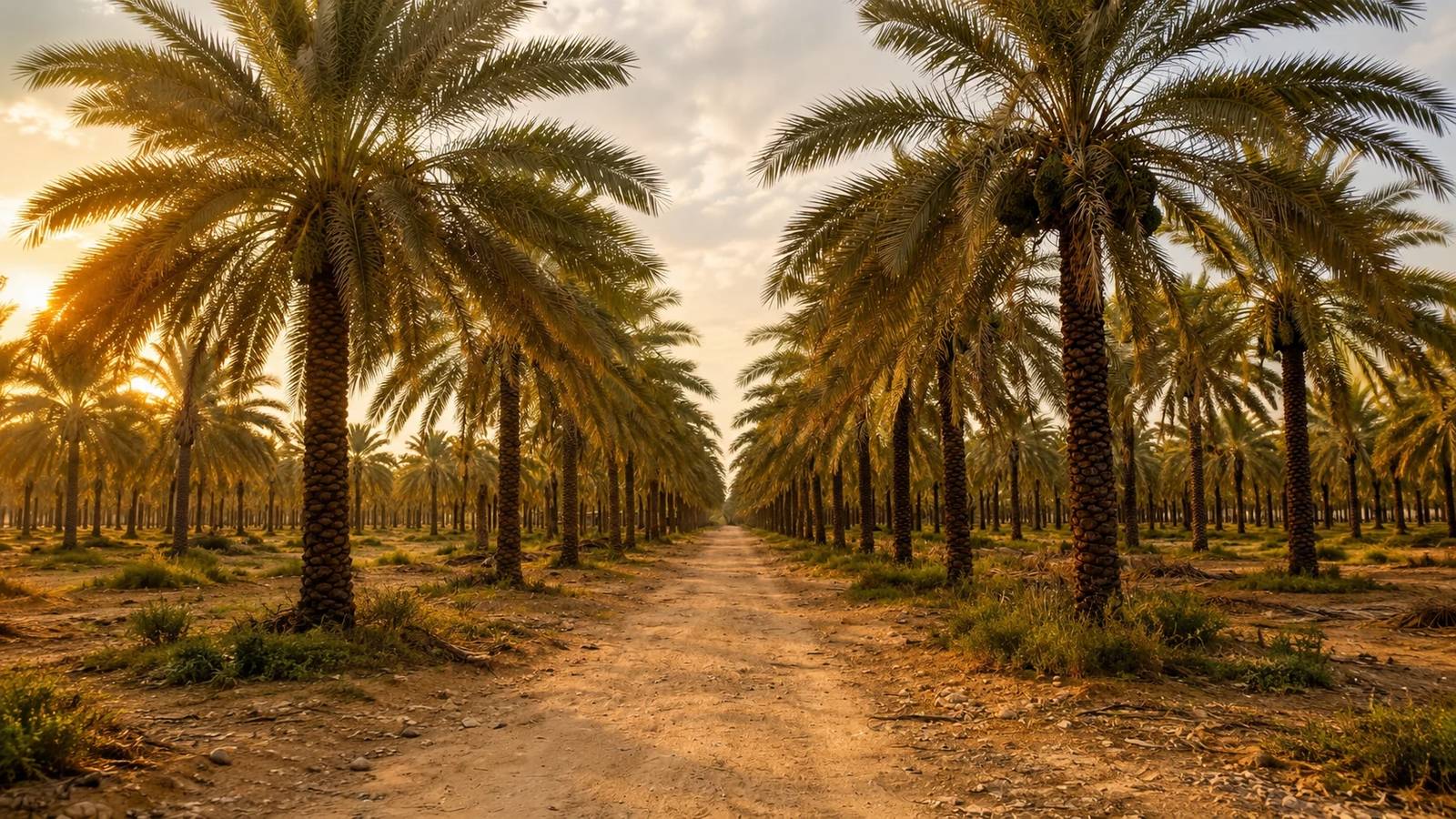 ردیف نخل‌های خرما در دو سوی مسیر نخلستان، در نور طلایی غروب